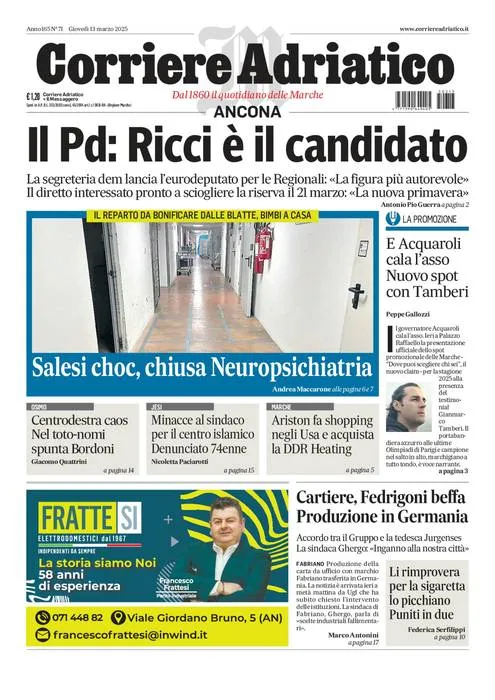 Prima-pagina-corriere adriatico-edizione-di-oggi-13-03-2025